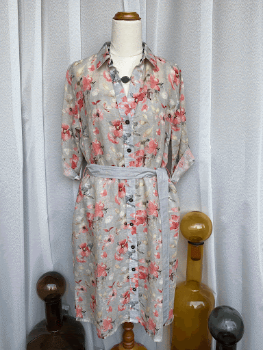 Freesia Shirt Collared Midi Dress in grey and coral Floral Print Linen
