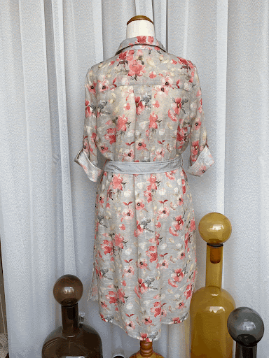Freesia Shirt Collared Midi Dress in grey and coral Floral Print Linen